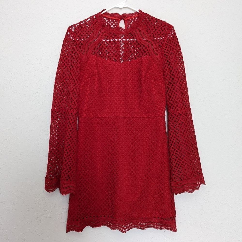 Women's Aqua Eyelet Mini Dress Red Bell Sleeve Geometric Lace Small Mock Neck